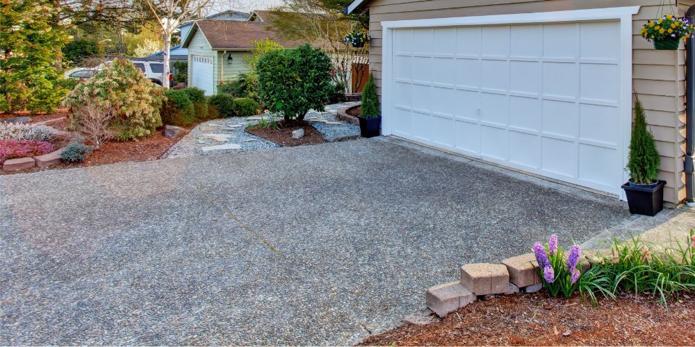 Close up of an exposed aggregate driveway