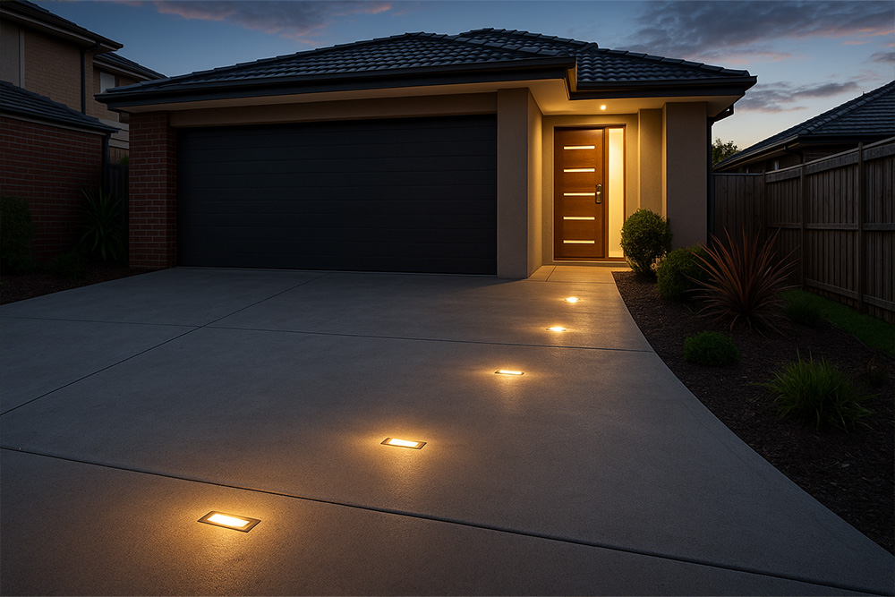 Concrete driveway with integrated lighting features